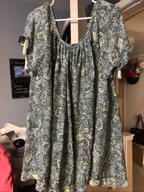 Green Floral Boho Peasant Dress with Tassel Sleeves